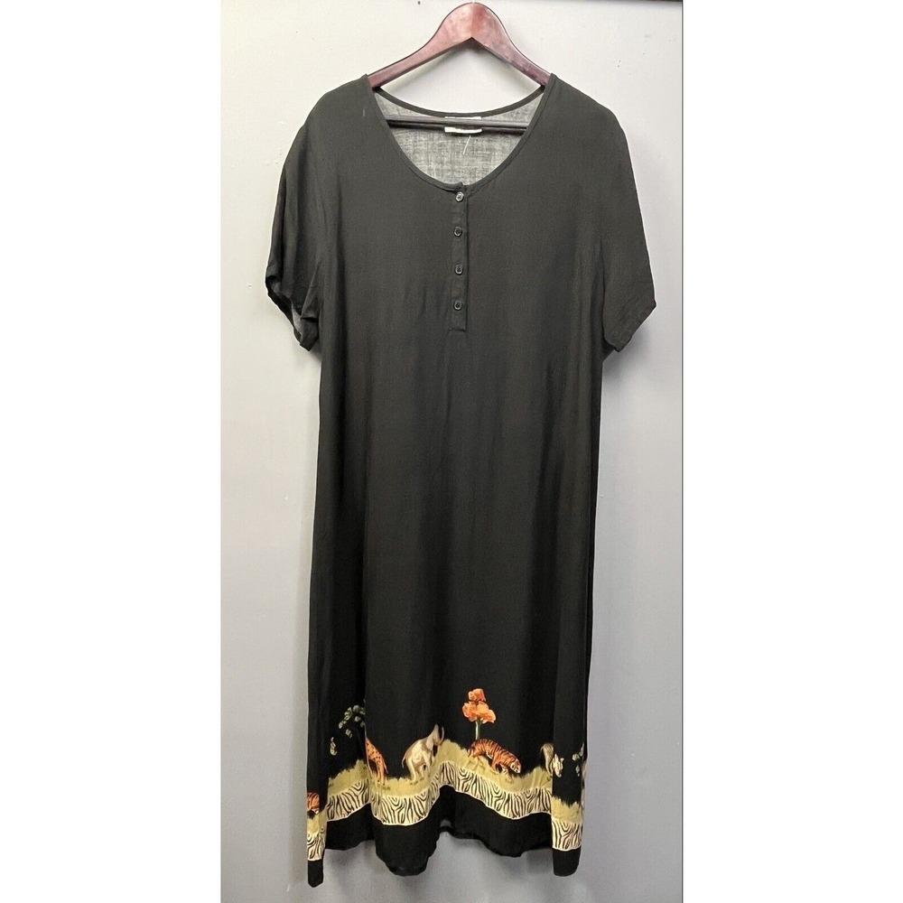 Desert Shores Dress Womens XL Black Safari Animal Print Henley Midi Short Sleeve
